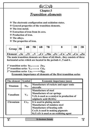 Chapter 5
Transition elements
 The electronic configuration and oxidation states.
 General properties of the transition elements.
 The iron metal.
 Extraction of iron from its ores.
 Production of iron.
 The alloys.
 The properties of iron.
Group 3B
4B 5B 6B 7B 8 1B 2B
Element 21Sc 22Ti 23V 24Cr 25Mn 26Fe 27Co 28Ni 29Cu 30Zn
The main transition elements are those of (d) block , they consists of three
horizontal series which are located in the periods 4 , 5 and 6 .
1st
transition series Sc21 Zn30
2nd
transition series Y39 Cd48
3rd
transition series La57 Hg80
Economic importance of elements of the first transition series
The element Symbol Economic importance (uses)
Titanium Ti22
Manufacture of rockets and super sonic
aircrafts
Vanadium V23
Manufacture of steel
Manufacture of car springs
V2O5 is used as a catalyst in production of
sulphuric acid (H2SO4)
Chromium Cr24 It is used in plating metals
Manufacture of stainless steel
Manufacture of heating coils
Cr2O3 is used in making pigments
K2Cr2O7 is used as an oxidizing agent
Dr.Ibrahem Zeiada
74
 