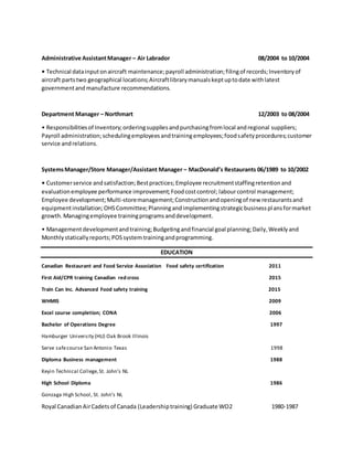 Administrative AssistantManager – Air Labrador 08/2004 to 10/2004
• Technical datainputonaircraft maintenance;payroll administration;filingof records;Inventoryof
aircraft partstwo geographical locations;Aircraftlibrarymanualskeptuptodate withlatest
governmentandmanufacture recommendations.
Department Manager – Northmart 12/2003 to 08/2004
• Responsibilitiesof Inventory;orderingsuppliesandpurchasingfromlocal andregional suppliers;
Payroll administration;schedulingemployeesandtrainingemployees;foodsafetyprocedures;customer
service andrelations.
SystemsManager/Store Manager/Assistant Manager – MacDonald’s Restaurants 06/1989 to 10/2002
• Customerservice andsatisfaction;Bestpractices;Employee recruitmentstaffingretentionand
evaluationemployee performance improvement;Foodcostcontrol; labourcontrol management;
Employee development;Multi-storemanagement;Constructionandopeningof new restaurantsand
equipmentinstallation;OHSCommittee;Planningandimplementingstrategicbusinessplansformarket
growth. Managingemployee trainingprogramsanddevelopment.
• Managementdevelopmentandtraining;Budgetingandfinancial goal planning;Daily,Weeklyand
Monthlystaticallyreports;POSsystem trainingandprogramming.
EDUCATION
Canadian Restaurant and Food Service Association Food safety certification 2011
First Aid/CPR training Canadian red cross 2015
Train Can Inc. Advanced Food safety training 2015
WHMIS 2009
Excel course completion; CONA 2006
Bachelor of Operations Degree 1997
Hamburger University (HU) Oak Brook Illinois
Serve safecourse San Antonio Texas 1998
Diploma Business management 1988
Keyin Technical College,St. John’s NL
High School Diploma 1986
Gonzaga High School, St. John’s NL
Royal CanadianAirCadetsof Canada (Leadershiptraining) Graduate WO2 1980-1987
 