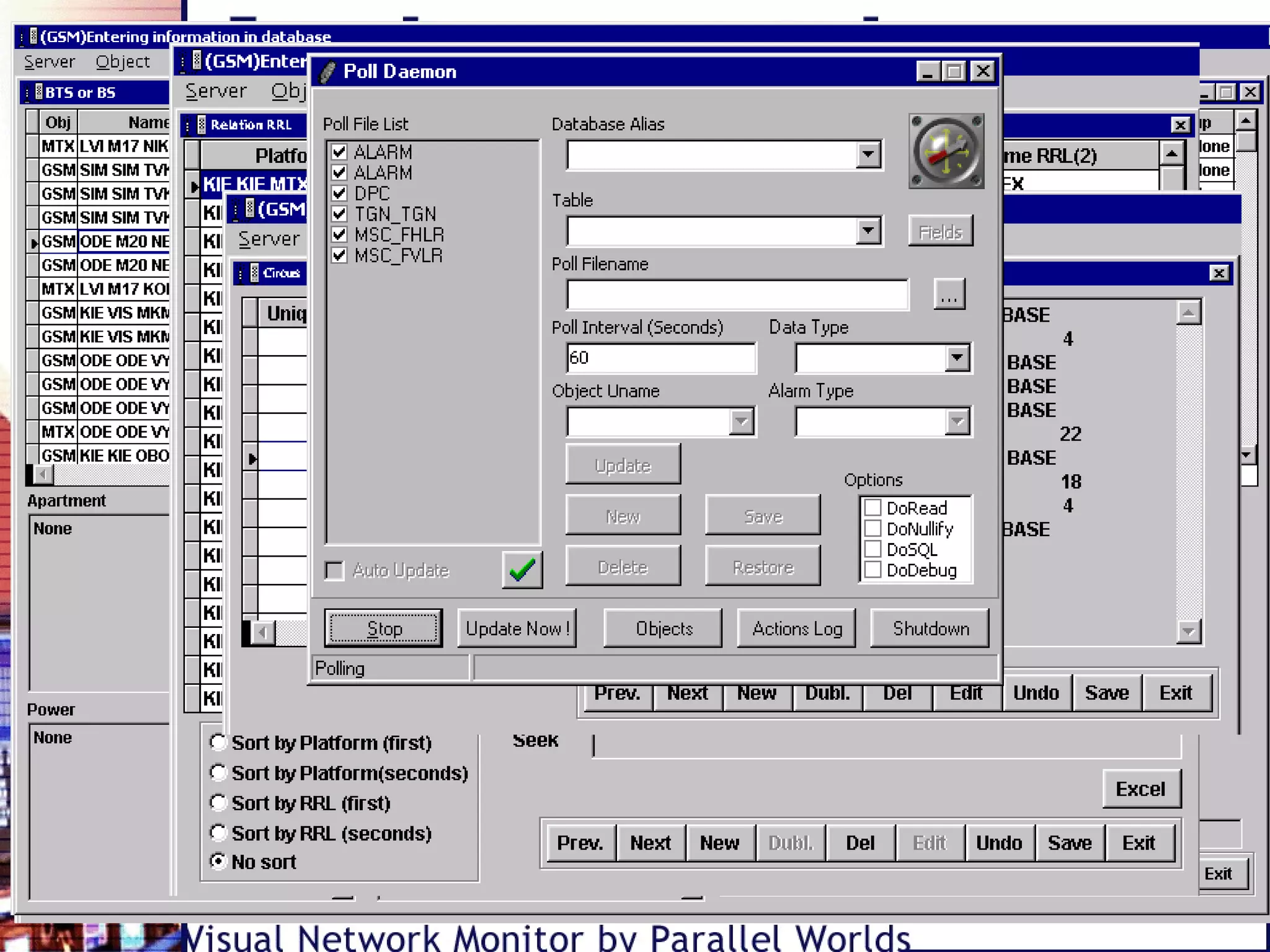 • Client-server architecture and optimized database
structure lets share the system functions between
independent parts installed on different computers.
It mean reducing of hardware and network
bandwidth requirements, or – correspondingly
increasing of system performance
• Built-in data validity check
• Contains supplemental information for all network
objects
• Number of online data sources is limited only with
hardware capabilities and network capacity
• Automated data fill and new data insert. For
example, if a message form a new base station will
be found – it will be allowed to add corresponding
database object and its relations
 