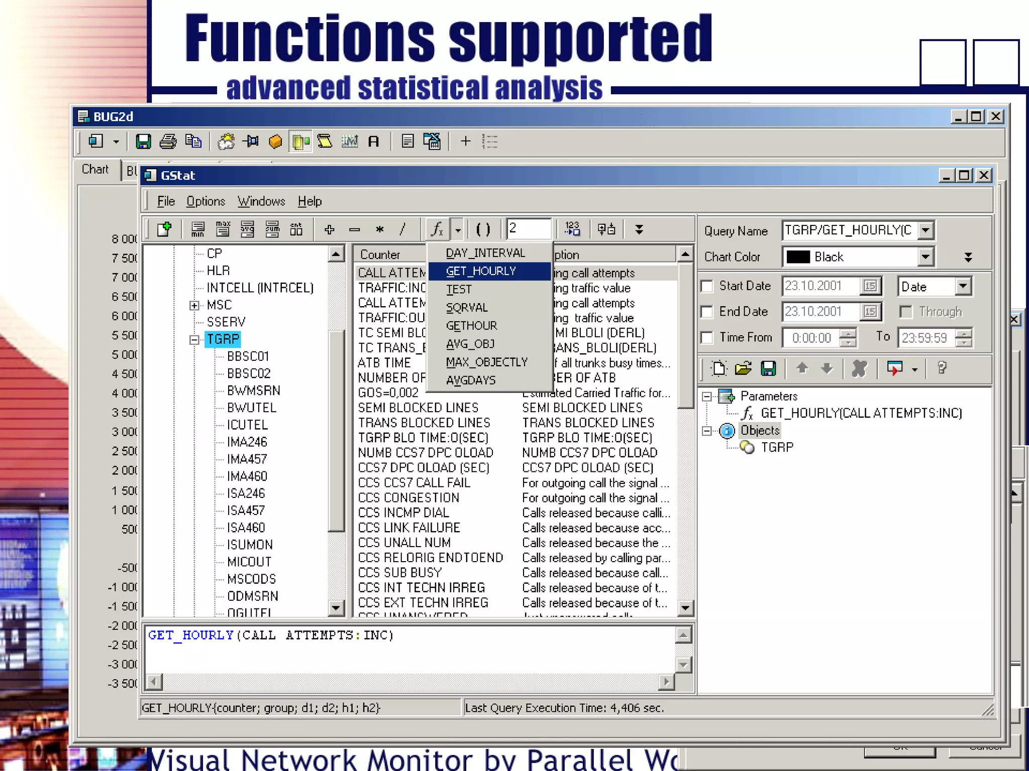 • Additionally to real-time modes described before,
VNM has powerful tools for post measurement
analysis
• Data collection and analysis for whole network as well
as for each network object (say, for each cell).
• Creation of user’s library of
customized statistical functions.
• Limitations (if any) only due to properties of the
particular hardware installed at network.
• Client-server architecture and
multi-user access mediation.
• Flexible graphic interface.
• Powerful tools for statistical analysis (visual query
editor).
• Data export and reports creation.
• Can be supplied as a separate application.
 