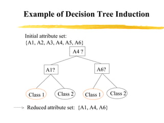 Example of Decision Tree Induction
Initial attribute set:
{A1, A2, A3, A4, A5, A6}
A4 ?
A1? A6?
Class 1 Class 2 Class 1 Class 2
> Reduced attribute set: {A1, A4, A6}
 
