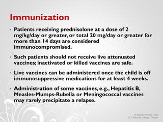 Immunization
• Patients receiving prednisolone at a dose of 2
mg/kg/day or greater, or total 20 mg/day or greater for
more...