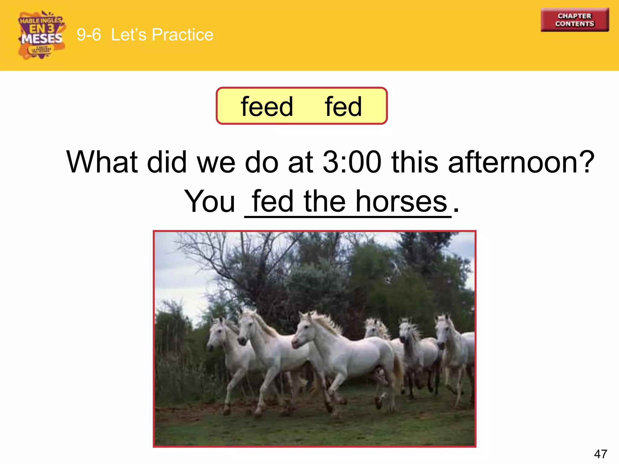 47
What did we do at 3:00 this afternoon?
You ____________.
9-6 Let’s Practice
fed the horses
feed fed
 