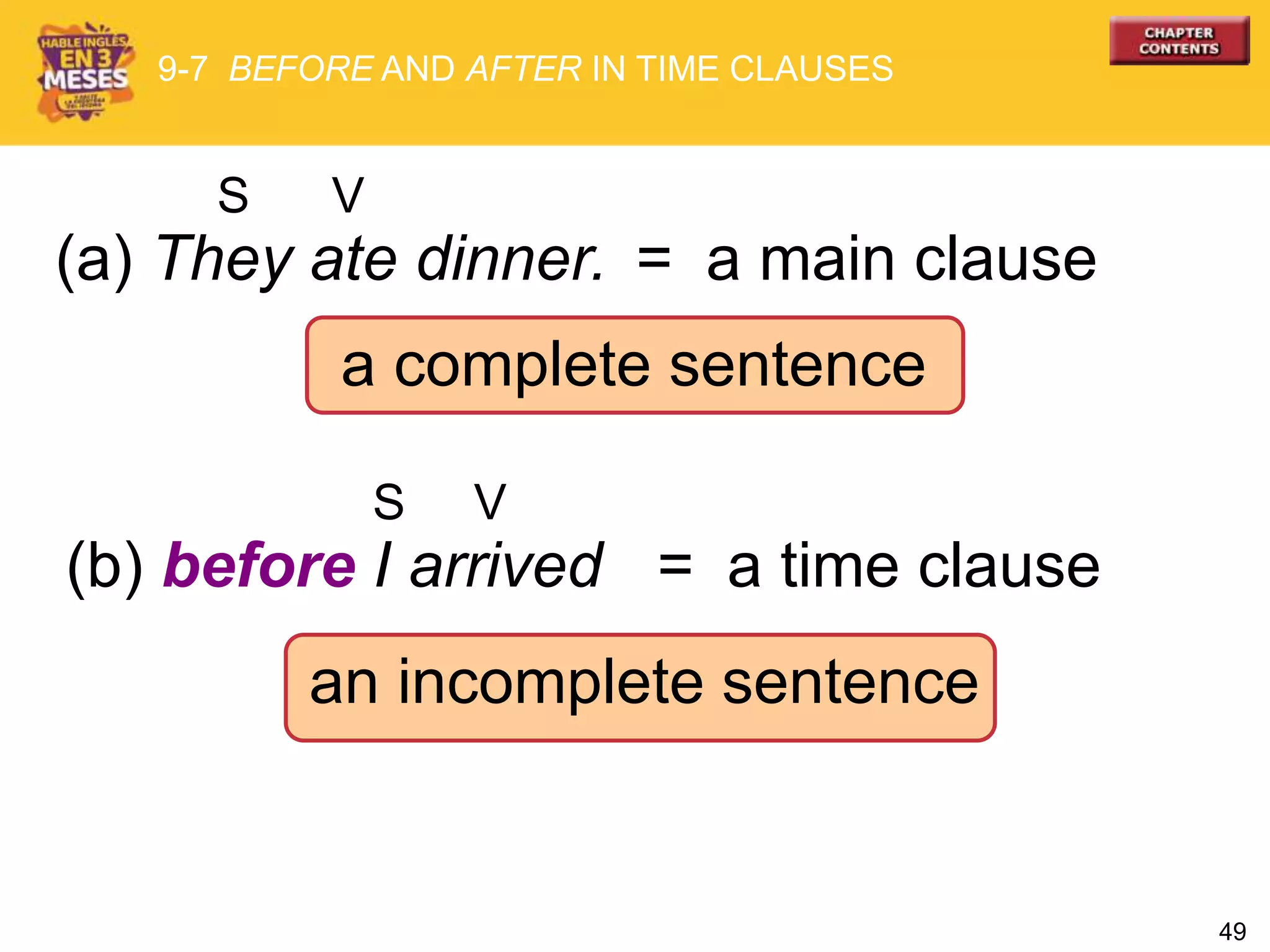 49
(a) They ate dinner.
S V
a complete sentence
= a main clause
9-7 BEFORE AND AFTER IN TIME CLAUSES
(b) before I arrived = a time clause
an incomplete sentence
S V
 