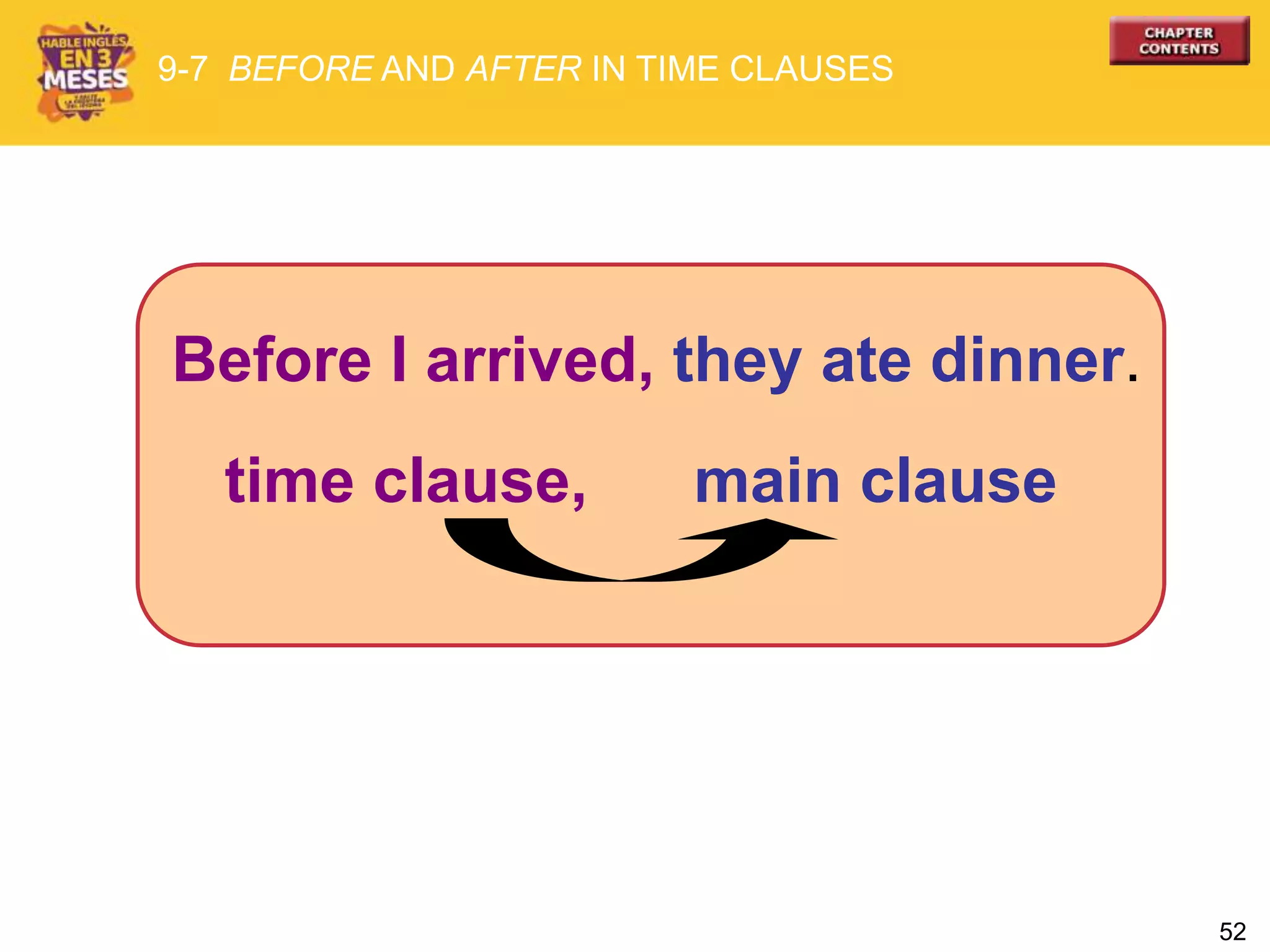 52
Before I arrived, they ate dinner.
time clause, main clause
9-7 BEFORE AND AFTER IN TIME CLAUSES
 