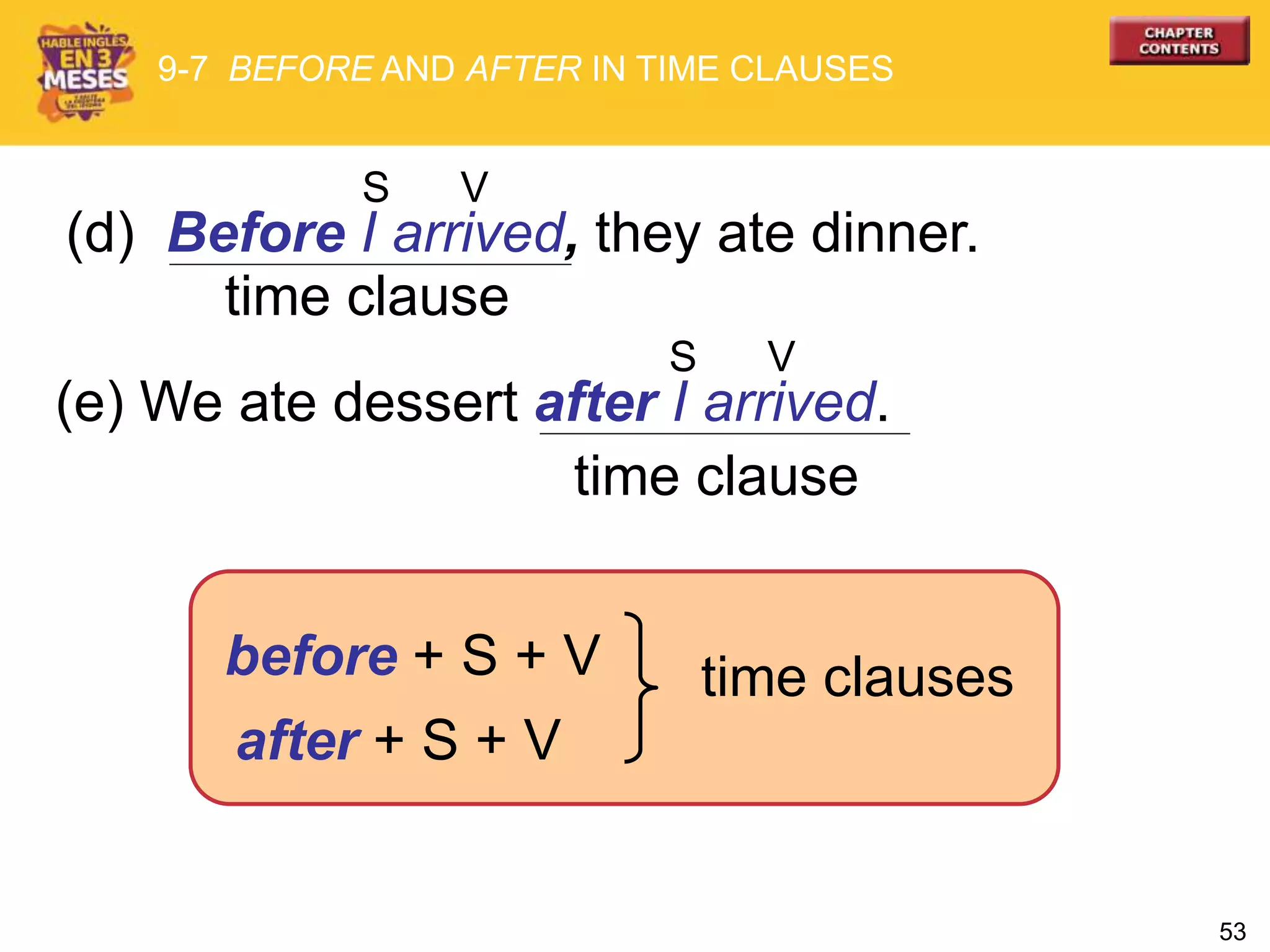 53
(d) Before I arrived, they ate dinner.
time clause
before + S + V
after + S + V
time clauses
9-7 BEFORE AND AFTER IN TIME CLAUSES
(e) We ate dessert after I arrived.
time clause
S V
S V
 