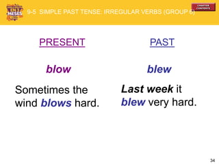 34
PRESENT PAST
blow blew
Sometimes the
wind blows hard.
Last week it
blew very hard.
9-5 SIMPLE PAST TENSE: IRREGULAR VERBS (GROUP 6)
 