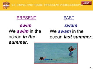 36
PRESENT PAST
swim swam
We swim in the
ocean in the
summer.
We swam in the
ocean last summer.
9-5 SIMPLE PAST TENSE: IRREGULAR VERBS (GROUP 6)
 