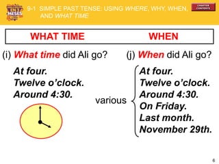 6
WHEN
(i) What time did Ali go?
At four.
Twelve o’clock.
Around 4:30.
WHAT TIME
(j) When did Ali go?
At four.
Twelve o’clock.
Around 4:30.
On Friday.
Last month.
November 29th.
various
9-1 SIMPLE PAST TENSE: USING WHERE, WHY, WHEN,
AND WHAT TIME
 