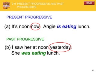 67
(a) It’s noon now. Angie is eating lunch.
PRESENT PROGRESSIVE
(b) I saw her at noon yesterday.
She was eating lunch.
PAST PROGRESSIVE
9-9 PRESENT PROGRESSIVE AND PAST
PROGRESSIVE
 