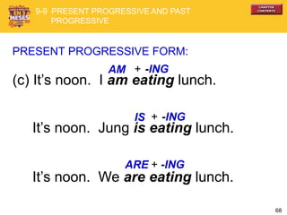68
(c) It’s noon. I am eating lunch.
PRESENT PROGRESSIVE FORM:
AM
IS
It’s noon. Jung is eating lunch.
It’s noon. We are eating lunch.
+ -ING
+ -ING
+ -INGARE
9-9 PRESENT PROGRESSIVE AND PAST
PROGRESSIVE
 