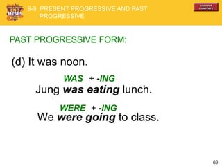 69
(d) It was noon.
PAST PROGRESSIVE FORM:
WAS
WERE
Jung was eating lunch.
+ -ING
+ -ING
We were going to class.
9-9 PRESENT PROGRESSIVE AND PAST
PROGRESSIVE
 