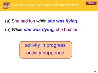 76
(a) She had fun while she was flying.
(b) While she was flying, she had fun.
activity in progress
activity happened
9-10 USING WHILE WITH THE PAST PROGRESSIVE
 