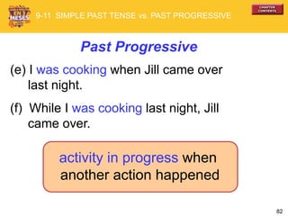 82
activity in progress when
another action happened
(e) I was cooking when Jill came over
last night.
(f) While I was cooking last night, Jill
came over.
Past Progressive
9-11 SIMPLE PAST TENSE vs. PAST PROGRESSIVE
 