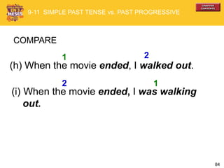 84
(h) When the movie ended, I walked out.
(i) When the movie ended, I was walking
out.
COMPARE
1 2
12
9-11 SIMPLE PAST TENSE vs. PAST PROGRESSIVE
 
