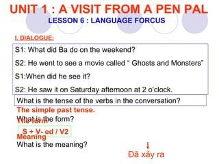 UNIT 1 : A VISIT FROM A PEN PAL
LESSON 6 : LANGUAGE FORCUS
I. DIALOGUE:
S1: What did Ba do on the weekend?
S2: He went to see a movie called “ Ghosts and Monsters”
S1:When did he see it?
S2: He saw it on Saturday afternoon at 2 o’clock.
What is the tense of the verbs in the conversation?
The simple past tense.
What is the form?
S + V- ed / V2
What is the meaning?
Express the action which happened in the past.
The form
Meaning
Đã xảy ra
 