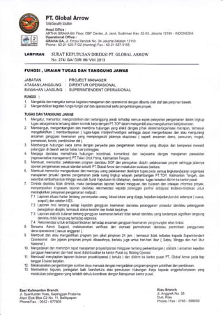 @F,,l3l
PT. Global Arrow
Toiol Secudty Solriion
Head Office :
ARTHA GRAHA 6th Floor, OBF Center, Jl. Jend. Sudhman Kav. 52-53, Jakarta 12190 - INDONES A
Operational Office :
GRAHAGA, Jl. Ernpu Sendok No 34 Jakarta Selatan 12110
Phone : 62-21 520-7122 (Hunlinq) Fax : 62-21 527-3155
LAMPIRANI ST]RAT KEPUTUSAN DIREKSI PT, GLOBAL ARROW
No: 274l GA/ DIR-/ 06/ Vlll/ 2013
FUNGSI , URAIAN TUGAS DAN TANGGUNG JAWAB
JABATAN :PROJECTMANAGER
ATASAN LANGSUNG : DIREKTUR OPERASIONAL
BAWAHAN LANSUNG : SUPERINTENDENT OPERASIONAL
FUNGSI :
1 fi,lengelola dan mengatursemua kegiatan mana]emen dan operaslonal dongan dbartu oleh stai dan p mp nan bawah.
2 tlengendalikan keg atan fungs Jungsi stal dan operasional serta pengembangan prcyek.
TUGAS DAN TANGGUNG JAWAB
1 [4engat!r, memonitor, mengendaikan dan berlanggung jawab terhadap semua aspek pe ayanan pengamanan daam tngkup
tlgas sebagaimana teduang dalam kontrak kedadengan PT.TOPdaam mengambilaiau mengeluarkan k€biiaksanaan.
2. [4embangr.]n, mengembangkan dan membina hubungan yang elekti dengan pihak ekstema /organisasi manapun, temasuk
menlefekliikan ( membordayakan )tugas,tugas lntelijsn/investgasl sehingga dapat mengantispasi dan atau menguEngi
ancaman gangguan keamanan yang mempengaruhi jalannya eksplorasl ( seped ancaman demo, pencuran, mogok,
pemerasan, teroris, pemblokiran dst ).
3. [lombangun hubungan kela sama dengan pehyedia jasa pengamanan laninnya yang dtunjuk dan beropeEsi mewakl
pelanggandi daerahsekitarbatasluarpelanggan.
4. [4eniaga dan/atau memelhala hubungan koordinasi, komun]kasi dan kedasama dengan manajemen peMakian
(reprcsentatve management) PT.Teler Ob l Prima, Kalimantan Tengah.
5. tr/ombuat, memonltor, pelaksanaan pTograrn dan/atau SOP dan penegakan disiplln pelaksanaan proyek sehingga jaannya
opems pengamanan sesuai standar sekuriU PT.GlobalAnow dan melakukan evauasibe ala.
6. N/embuat memonitor mengevaluasi dan Tnen njau ulang pelaksanaan deskripsi tugas pada semua lingkatarvjajaran organisas
manajemen proyeld operasi pengama|an pada ruang lingklp wilayah pertanrbangan PT.ToP, Kaimantan Tengah, dan
selamballambatnya dua minggu sesldah Sunt Keputusan inldt€tapkan, deskrips tugas tersebut djkim ke kantorpusat
7. Dlminta dar/atau lidak diminta, maka bedasarkan laporan harian/ mingguan dan bu anan dan inte eien infonnas proyek,
menyampaikan ingkasan apomn dan/alau rckomendasi kepada peangqan periha antisipasi lindakanlindakan Lrntuk
ne.inqkal an p€layana pe.gara_a- Telipuii:
7.1 Laporan slluasihaian tentangt penempatan omng, lokasl-lokasiyang drjaga, kejadan-k6jadlan,kond sisetempat (cuaca,
sospol ) dan catatan HES.
7.2 Laporan ainc tentang setiap kejadran gangguan k€amanan dan/atau peanggaran prosedur dan/atau pelanggaran
penegakkan disiplin, temasuk status terakhir dan tindak lanjL,tnya
7.3 Laporan slat stjk bulanan tentang gangguan keamanan ted(ail/ tidak terkait dan/atau yang berdampak sign likan angsung
dan/a_a i I dak laqgs-ng tetaoap elplorasi
7.4 Rekomendas untuk antisipasitndakan teritadap ancaman gangguan keamanan yang mungkin akan timbul
8. Bersama Admin Suppoi(, melaksanakan verilkasi dan otorisasi permohonan dadatau ponnintaan penggufaan
dana operasional ( seslal anggaran )
9. l,lembuat dan atau mefgaktifkan program jam piket pimpinan 24 jam ; tennasuk lidak tebalas kepada Superlntendent
operasional dan iajaran pimpinan proyek dibawahnya, beiaku iuga untuk han-had bur ( Sablu Minggu dan hari bur
Nasional).
10. Ivengadakan dan memimplr mpat manajemen proyeldoperasi mingguan tentang periembangan ( statst k )ancaman kejad an
gangguan keamanan dan hasi rapat didislribusikan ke kantor Pusatcq. Bidang Op6rasl.
11. lvembuau menyiapkan laporan bllanan proyeuoperasi (tertulis )dan dkirm ke kantor pusat PT. Global Arrow pada lrap
tanggal 5 bulan berjalan.
'12, [4eaksanakan pengembangan sumbor daya mahusia dengan mengadakan prDgram-prcgram peatihandan pembinaan.
13. l,lernberikan teguran, peringatan baik lisarvtertu s atau pemutusan Hubungan Kerja kepada anggota/karyawan yang
m6akLrkan pelanggahn yang terlebih dahulu koordinas dengan Llanajomen kantorpusat.
East Kalimantan Branch
Jl. Sya fuddin Yoes, Sepinggan Pratama
Alam Elok Blok C2 No. 11, Balikpapan
Phone/Fax. i0542 - 877603
Riau Branch
J . Anggrek No. 35
Durl, Riau
Phone/Fax : 0765- 598050
 
