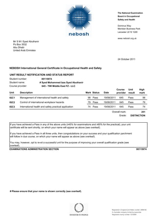 Student number:
The National Examination
Board in Occupational
Safety and Health
Dominus Way
Meridian Business Park
Leicester LE19 1QW
www.nebosh.org.uk
UNIT RESULT NOTIFICATION AND STATUS REPORT
NEBOSH International General Certificate in Occupational Health and Safety
24 October 2011
Student name:
Course provider:
Syed Mohammed Izas Syed Abuthanir
645 - TWI Middle East FZ - LLC
#
Po Box 3532
Abu Dhabi
United Arab Emirates
Mr S M I Syed Abuthanir
00115974
Unit DateMark
Course
providerStatus
Unit
resultDescription
High
mark
645Pass98 98Pass19/08/2011IGC1 Management of international health and safety
645Pass79 Pass19/08/2011 79IGC2 Control of international workplace hazards
645Pass74 74Pass19/08/2011IGC3 International health and safety practical application
251
DISTINCTIONGrade:
Overall mark:
If you have achieved a Pass in any of the above units (≥45% for examinations and ≥60% for the practical), your unit
certificate will be sent shortly, on which your name will appear as above (see overleaf).
If you have achieved a Pass in all three units, then congratulations on your success and your qualification parchment
will follow in due course, on which your name will appear as above (see overleaf).
You may, however, opt to re-sit a successful unit for the purpose of improving your overall qualification grade (see
overleaf).
EXAMINATIONS ADMINISTRATION SECTION 00115974
# Please ensure that your name is shown correctly (see overleaf).
 