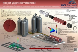 Rocket Engine Development
Advisor: Professor Feng Liu
Team Leads: Lakshan Peiris, Wendy Liu, Vishnu Maharaj, Victor Chen, Paul De Mesa, Danny Zarour, Jolie Bellegarde
Project Lead: Lakshan Peiris
Contact Information: (714) 933 8092
ypeiris@uci.edu
Background & Goals:
Getting inspiration from Stanford’s Advanced Rocket Propulsion class, our team set goals
to build a hybrid rocket engine that can achieve higher thrust for a longer duration.The
goal is to attain 1000 lbf of thrust for a burn time of 20 seconds.The budget is limited to
$4500 to assess the feasibility of achieving these goals at a reasonable cost.The success of
this project will highlight future iterations for the project, to achieve higher thrust for
longer burn times.
Injector
Material: Steel 1008/1018
Cost: $300
Dome
Material: Steel 1008/1018
Cost: $50
Solid Propellant
Composition: 56% Paraffin Wax
36% Aluminum Powder
4.5% HTPB
3% Carbon Black
0.5% IDP
Cost: $450
Combustion Chamber
Material: A 106 Seamless Carbon Steel
Cost: $165
Nozzle
Material: Isomolded Grade Graphite
Cost: $420
The graph is a three dimensional representation of the
temperature inside the nozzle as a function of time and
length.
Max Temperature: 3200 K
Snap Ring
Material: Steel
Cost: $7
Achievements:
• Finalize rocket design.
• Rocket stand built.
• Rocket components
ordered.
• Manufacture and testing of
solid propellant.
Stand, 12.10%
Rocket
Components, 44%
Propellents, 29%
Apparatus, 4.90%
Ignition System, 2%
Labor & Services , 8%
BUDGET
Total Budget = $4500
Oxidizer Tanks
Nitrous Oxide Gas (N2O)
Cost: $430
Flow Rate: 3.2 lbs/s Rocket Stand
Material:ASTM A36 Steel
Force Measuring Apparatus: Arduino + Load Cells
Nonlinear Dynamic Simulation: A force of 1500 lbs applied for 20
seconds after an exponential thrust increase from 0 to 3 seconds.
Factor of Safety: 8
Timeline:
Team Members: Edgar Delgado, Paul De Mesa, Danny Zarour,
Anthony Long, Jianan Qu, John Huynh, Jim Faber, Lakshan Peiris,
Jolie Bellegarde, Bryan Orozco, JoshuaYang, Daniel Cho,Tiffany
Quach, Jodie Loo,Wendy Liu, Alex LaVelle,Victor Chen,Vishnu
Maharaj, Jason Moeller, Calvin Li, Itzetl Frausto.
 
