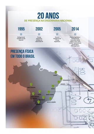1995 2002 2005
CEARÁ
2014
Presença física
em todo o Brasil
Multigerencial
fundada em São
Paulo SP
Proeng
Engenharia
fundada em
Jaboticabal SP
Parceria
Multigerencial
Proeng
Engenharia
Proeng Engenharia +
Multigerencial
Associação dando
origem a uma “joint-
venture” apresentando
ao mercado a
PRG Engenharia
20 anosDE PRESENÇA NA ENGENHARIA NACIONAL
PARANÁ
SÃO PAULO
PERNAMBUCO
SERGIPE
GOIÁS MINAS GERAIS
BAHIA
RIO DE JANEIRO
MATO GROSSO
MATO GROSSO
DO SUL
 