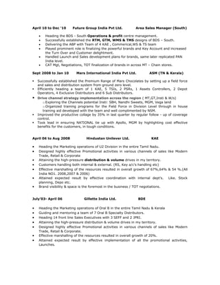 April 10 to Dec ‘10 Future Group India Pvt Ltd. Area Sales Manager (South)
• Heading the BDS - South Operations & profit centre management.
• Successfully established the RTM, GTM, WMS & TMS designs of BDS – South.
• Delivering the ABP with Team of 4 KAE , Commerical,WS & TS team
• Played prominent role is finalizing the powerful brands and Key Account and increased
the Turn Over and Customer delightment.
• Handled Launch and Sales development plans for brands, same later replicated PAN
India level.
• CAT Mgt, Negotiations, TOT finalization of brands in across MT – Chain stores.
Sept 2008 to Jan 10 Mars International India Pvt Ltd. ASM (TN & Kerala)
 Successfully established the Premium Range of Mars Chocolates by setting up a field force
and sales and distribution system from ground zero level.
 Efficiently heading a team of 1 KAE, 5 TSIs, 2 PSRs, 1 Assets Controllers, 2 Depot
Operators, 4 Exclusive Distributors and 6 Sub Distributors.
 Drive channel strategy implementation across the region ( MT,GT,Insti & W/s)
o Exploring the Channels potential Insti: SBH, Nandhi Sweets, MGM, Vega land
o Organized training programs for the Field Force in Division Level through in house
training aid developed with the team and well complimented by NSM.
 Improved the productive collage by 35% in last quarter by regular follow - up of coverage
control.
 Took lead in ensuring NATIONAL tie up with Apollo, MGM by highlighting cost effective
benefits for the customers, in tough conditions.
April 06 to Aug 2008 Hindustan Unilever Ltd. KAE
• Heading the Marketing operations of U2 Division in the entire Tamil Nadu.
• Designed highly effective Promotional activities in various channels of sales like Modern
Trade, Retail & Corporate
• Attaining the high-pressure distribution & volume drives in my territory.
• Customers handling both internal & external. (RS, Key a/c’s handling etc)
• Effective marshalling of the resources resulted in overall growth of 67%,64% & 54 %.(All
India NO1. 2008,2007 & 2006)
• Attained expected result by effective coordination with internal dept’s. Like. Stock
planning, Depo etc.
• Brand visibility & space is the foremost in the business / TOT negotiations.
July’03- April 06 Gillette India Ltd. BDE
• Heading the Marketing operations of Oral B in the entire Tamil Nadu & Kerala
• Guiding and mentoring a team of 7 Oral B Specialty Distributors.
• Heading 14 front line Sales Executives with 3 SEFF and 2 JPRI.
• Attaining the high-pressure distribution & volume drives in my territory.
• Designed highly effective Promotional activities in various channels of sales like Modern
Trade, Retail & Corporate.
• Effective marshalling of the resources resulted in overall growth of 20%.
• Attained expected result by effective implementation of all the promotional activities,
Launches.
 