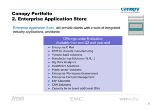 Canopy Portfolio
2. Enterprise Application Store
Enterprise Application Store, will provide clients with a suite of integrated
industry applications, worldwide
▶ Enterprise E Mail
▶ ECM for discrete manufacturing
▶ Yunano SaaS solutions
Offerings under finalization
Available from end Q2 until year end
21
▶ Yunano SaaS solutions
▶ Manufacturing Solutions (PLM,…)
▶ Big Data Analytics
▶ Healthcare Solutions
▶ Public sector Solutions
▶ Enterprise Workspace Environment
▶ Enterprise Content Management
▶ ERP Solutions
▶ CRM Solutions
▶ Capacity to on board additional ISVs
 