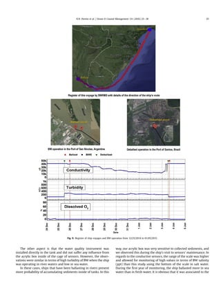 The other aspect is that the water quality instrument was
installed directly in the tank and did not suffer any inﬂuence from
the acrylic box inside of the cage of sensors. However, the obser-
vations were similar in terms of high turbidity of BW when the ship
was operating in river waters and low in sea water.
In these cases, ships that have been ballasting in rivers present
more probability of accumulating sediments inside of tanks. In this
way, our acrylic box was very sensitive to collected sediments, and
we observed this during the ship's visit to sensors' maintenance. In
regards to the conductive sensors, the range of the scale was higher
and allowed for monitoring of high values in terms of BW salinity
(ppt) than this study using the bottom of the scale in salt water.
During the ﬁrst year of monitoring, the ship ballasted more in sea
water than in fresh water. It is obvious that it was associated to the
Fig. 9. Register of ship voyages and BW operation from 12/25/2014 to 01/05/2015.
N.N. Pereira et al. / Ocean  Coastal Management 131 (2016) 25e38 35
 