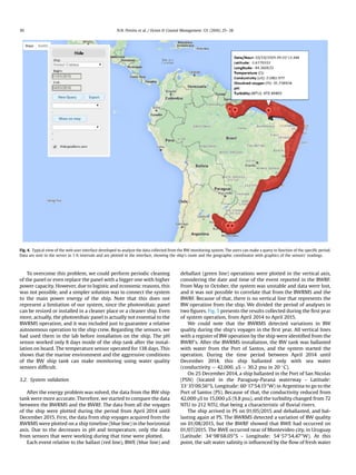 To overcome this problem, we could perform periodic cleaning
of the panel or even replace the panel with a bigger one with higher
power capacity. However, due to logistic and economic reasons, this
was not possible, and a simpler solution was to connect the system
to the main power energy of the ship. Note that this does not
represent a limitation of our system, since the photovoltaic panel
can be resized or installed in a cleaner place or a cleaner ship. Even
more, actually, the photovoltaic panel is actually not essential to the
BWRMS operation, and it was included just to guarantee a relative
autonomous operation to the ship crew. Regarding the sensors, we
had used them in the lab before installation on the ship. The pH
sensor worked only 8 days inside of the ship tank after the instal-
lation on board. The temperature sensor operated for 138 days. This
shows that the marine environment and the aggressive conditions
of the BW ship tank can make monitoring using water quality
sensors difﬁcult.
3.2. System validation
After the energy problem was solved, the data from the BW ship
tank were more accurate. Therefore, we started to compare the data
between the BWRMS and the BWRF. The data from all the voyages
of the ship were plotted during the period from April 2014 until
December 2015. First, the data from ship voyages acquired from the
BWRMS were plotted on a ship timeline (blue line) in the horizontal
axis. Due to the decreases in pH and temperature, only the data
from sensors that were working during that time were plotted.
Each event relative to the ballast (red line), BWE (blue line) and
deballast (green line) operations were plotted in the vertical axis,
considering the date and time of the event reported in the BWRF.
From May to October, the system was unstable and data were lost,
and it was not possible to correlate that from the BWRMS and the
BWRF. Because of that, there is no vertical line that represents the
BW operation from the ship. We divided the period of analyses in
two ﬁgures. Fig. 5 presents the results collected during the ﬁrst year
of system operation, from April 2014 to April 2015.
We could note that the BWRMS detected variations in BW
quality during the ship's voyages in the ﬁrst year. All vertical lines
with a register of BW operation by the ship were identiﬁed from the
BWRF's. After the BWRMS installation, the BW tank was ballasted
with water from the Port of Santos, and the system started the
operation. During the time period between April 2014 until
December 2014, this ship ballasted only with sea water
(conductivity ¼ 42,000, mS ¼ 30.2 psu in 20 C).
On 25 December 2014, a ship ballasted in the Port of San Nicolas
(PSN) (located in the Paraguay-Parana waterway - Latitude:
3335009.5600S, Longitude: 6017054.1500W) in Argentina to go to the
Port of Santos (PS). Because of that, the conductivity reduced from
42,000 mS to 15,000 mS (9.8 psu), and the turbidity changed from 72
NTU to 212 NTU, that being a characteristic of ﬂuvial rivers.
The ship arrived in PS on 01/05/2015 and deballasted, and bal-
lasting again at PS. The BWRMS detected a variation of BW quality
on 01/08/2015, but the BWRF showed that BWE had occurred on
01/07/2015. The BWE occurred near of Montevideo city, in Uruguay
(Latitude: 3498068.0500S - Longitude: 5457054.4700W). At this
point, the salt water salinity is inﬂuenced by the ﬂow of fresh water
Fig. 4. Typical view of the web user interface developed to analyze the data collected from the BW monitoring system. The users can make a query in function of the speciﬁc period.
Data are sent to the server in 1-h intervals and are plotted in the interface, showing the ship's route and the geographic coordinator with graphics of the sensors' readings.
N.N. Pereira et al. / Ocean  Coastal Management 131 (2016) 25e3830
 