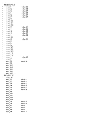 MOTORPOLE
* wert_01 value 01
* wert_02 value 02
* wert_03 value 03
* wert_04 value 04
* wert_05 value 05
* wert_07 value 07
* wert_99
* wert_103
* wert_104
* wert_105
* wert_09 value 09
* wert_11 value 11
* wert_12 value 12
* wert_13 value 13
* wert_14 value 14
* wert_106
* wert_08 value 08
* wert_23
* wert_24
* wert_26
* wert_107
* wert_108
* wert_109
* wert_110
* wert_114
* wert_15 value 15
* wert_27
wert_06 value 06
wert_25
wert_112
wert_113
wert_111
wert_101
wert_102
PUMPEN_ID
* wert_105
wert_01 value 01
wert_02 value 02
wert_03 value 03
wert_04 value 04
wert_05 value 05
wert_06 value 06
wert_99
wert_101
wert_102
wert_103
wert_104
wert_08 value 08
wert_09 value 09
wert_11 value 11
wert_12 value 12
wert_13 value 13
wert_14 value 14
 