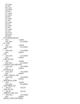 e91_stereo
e91_hifi
e92_stereo
e70_stereo
e70_hifi
e71_stereo
r56_stereo
r56_hifi
r57_stereo
r57_hifi
e93_stereo
e93_hifi
r55_stereo
r55_hifi
e81_stereo
e81_hifi
e82_stereo
e88_stereo
e88_hifi
FULLWORD_RECOG
* aktiv enabled
nicht_aktiv not enabled
CC_LIST
* aktiv enabled
nicht_aktiv not enabled
DKG
* nicht_aktiv not enabled
aktiv enabled
EDC
* nicht_aktiv not enabled
aktiv enabled
CBS_STATUS
* aktiv enabled
nicht_aktiv not enabled
CLIMATE_WO_PREVIEW
* nicht_aktiv not enabled
aktiv enabled
NO_DETOUR
* nicht_aktiv not enabled
aktiv enabled
ALBV_TOGGLE_APP
* nicht_aktiv not enabled
aktiv enabled
BGSCREEN_JUMP
* aktiv enabled
nicht_aktiv not enabled
DAB_FROM_FM
* wert_01 value 01
DAB_TO_FM
* wert_01 value 01
MDRIVE_LOW_CCC
* nicht_aktiv not enabled
aktiv enabled
MEDIA_CHAR_ENCODING
 
