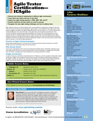 Agile Tester
Certification—
ICAgile
Agile software practices are being employed within many development organizations worldwide. More and
more test teams and testers are participating in agile projects or are embedded within agile teams. Many
testers struggle to understand the agile development process and their place in it. Learn the fundamentals
of agile development, the role of the tester in the agile team, and the agile testing processes. From
user story elicitation and grooming through development and testing, this course prepares you to be a
valuable member of an agile development team. Explore the business and technology-facing tests agile
projects demand and how agile testers help the project succeed. Learn about the techniques of Test-Driven
Development (TDD) and Acceptance Test-Driven Development (ATDD). Learn technical and team skills testers
need for success in the world of agile development.
Practice of Agile Testing Techniques
Explore agile testing processes in an informal and interactive workshop setting. Examples are studied
through a series of small group exercises and discussions.
Who Should Attend
This course is appropriate for both novice and experienced software testers. Developers expected to test
within agile teams will find this course extremely useful. Test and development managers also will benefit
from this course. A background of basic development and testing processes is helpful.
ICAgile Certification
In order to receive your certification in Agile Testing from the ICAgile you must first complete Fundamentals of Agile
Certification—ICAgile. At the completion of both courses you will be awarded your Agile Testing certification by
the ICAgile. Students not looking for the certification from ICAgile and only taking the Agile Testing Certification—
ICAgile course should already have a good knowledge of agile principles and how agile teams function.
TW Washington, DC	 September 24–25, 2014
Anaheim, CA	 October 12–13, 2014 (with STARWEST)
TW Tampa,FL	 October 22–24, 2014
TW San Francisco, CA	 November 5–6, 2014
Orlando, FL	 November 9–10, 2014 (with Agile Development Conference)
Public Course Dates
TW Indicates a Training Week course. See page 3 for details.
Introduction
Validation
Verification
Exploration
Testing as a skill set
Testing to support customers
Testing to support developers
Testing to support stakeholders
Test matrix
Agility, grace, and flexibility
Agile Testing Origins
Agile testing history
Agile testing philosophy
Traditional vs. agile testing
Evolving lifecycle models
Evolving test approaches
Evolving test tools
Testing and the agile manifesto
Testing and agile principles
What is quality
What is done
Testing as a team approach
Teams and process
Requirements
Unit Testing
System and integration testing
Agile Planning and the User
Story
Testing during iteration planning
Agile release train
Testing’s role in planning
Release Planning
Product backlog
Story tests
Constraints
Sizing stories
Backlog grooming
Testing activities in the sprint
Testing in the Heat of the Sprint
Continuous Integration
Test-Driven Development
Automating Unit Tests
Acceptance Test-Driven Development
Behaviour Driven Development
Scripting
Exploratory Testing
Non-Functional Testing
Release Testing
User Acceptance Testing
Live Testing
At Sprint’s End
Customer demo
Retrospective
Avoiding technical debt
Organizing Agile Testing
Measuring progress
Test documentation
Test environments
Bug management
Agile test automation
Organizational frameworks
Distributed agile teams
Risky agile transitions
Wrap up
2-Day
Course Outline:
Course Link: www.sqetraining.com/atc
Robert Sabourin has more than 30 years of management experience, leading teams
of software development professionals. A well-respected member of the software
engineering community, Robert has managed, trained, mentored, and coached
thousands of top professionals in the field. He frequently speaks at conferences and
writes on software engineering, SQA, testing, management, and internationalization.
The author of I am a Bug!, the popular software testing children’s book, Robert is an
adjunct professor of Software Engineering at McGill University.
Dawn Haynes is an additional instructor for this course.
Instructor Spotlight
Learning Options
$ Discover how testing is implemented in different agile environments
$ Learn about user stories and how to test them
$ Explore key agile testing practices—ATDD, BDD, TDD, and ET
$ Examine technical and team skills you need for success
$ Recognize the main agile testing challenges and how to address them
HOTTOPIC
Course Accreditations
13To register, call 888.268.8770 or 904.278.0524 • www.sqetraining.com • On-site training information, email onsitetraining@sqe.com
NEW
Public
For a calendar of Live Virtual Training, go to www.sqetraining.com/VirtualTraining.
Live Virtual Course Dates
Earn 15.0 PDUs
 