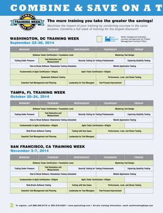 2 To register, call 888.268.8770 or 904.278.0524 • www.sqetraining.com • On-site training information, email onsitetraining@sqe.com
COMBINE & SAVE ON A T
The more training you take the greater the savings!
Maximize the impact of your training by combining courses in the same
location. Combine a full week of training for the largest discount!
Green background Indicates
courses pre-approved for Project
Management Institute PDUs.
MONDAY TUESDAY WEDNESDAY THURSDAY FRIDAY
Software Tester Certification—Foundation Level Mastering Test Design
Testing Under Pressure
Test Estimation and
Measurement
Security Testing for Testing Professionals Exploring Usability Testing
How to Break Software: Robustness Testing Unleashed Mobile Application Testing
Fundamentals of Agile Certification—ICAgile Agile Tester Certification—ICAgile
Systematic Software Testing Performance, Load, and Stress Testing
Essential Test Management and Planning Leadership for Test Managers Test Process Improvement
MONDAY TUESDAY WEDNESDAY THURSDAY FRIDAY
Software Tester Certification—Foundation Level Mastering Test Design
Testing Under Pressure
Test Estimation and
Measurement
Security Testing for Testing Professionals Exploring Usability Testing
How to Break Software: Robustness Testing Unleashed Mobile Application Testing
Fundamentals of Agile Certification—ICAgile Agile Tester Certification—ICAgile
Risk-Driven Software Testing Testing with Use Cases Performance, Load, and Stress Testing
Essential Test Management and Planning Leadership for Test Managers
MONDAY TUESDAY WEDNESDAY THURSDAY FRIDAY
Software Tester Certification—Foundation Level Mastering Test Design
Testing Under Pressure
Test Estimation and
Measurement
Security Testing for Testing Professionals Exploring Usability Testing
How to Break Software: Robustness Testing Unleashed Mobile Application Testing
Fundamentals of Agile Certification—ICAgile Agile Tester Certification—ICAgile
Risk-Driven Software Testing Testing with Use Cases Performance, Load, and Stress Testing
Essential Test Management and Planning Leadership for Test Managers Test Process Improvement
WASHINGTON, DC TRAINING WEEK
September 22–26, 2014
TAMPA, FL TRAINING WEEK
October 20–24, 2014
SAN FRANCISCO, CA TRAINING WEEK
November 3–7, 2014
 
