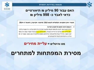 ‫עבור‬ ‫האם‬90‫מיליון‬₪‫תיאורטיים‬
‫כ‬ ‫לאבד‬ ‫כדאי‬-998‫מיליון‬₪
‫רפואית‬ ‫בתיירות‬ ‫מגמות‬
‫והיטלים‬ ‫מס‬=‫מחירים‬ ‫עליית‬
‫למתחרים‬ ‫המפתחות‬ ‫מסירת‬
‫רפואית‬ ‫בתיירות‬ ‫מגמות‬
 
