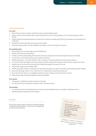 58Chapter 3 – Facilitation scenarios
How should I use it?
Pre-work:
1. Work with the sponsor to design and plan the session using the planning tools
2. Create a session communications deck and ask the sponsor to send it to the participants; this raises the importance of the
activity
3. Create a high level presentation/posters that will set the context and clearly describe the focus question and any limitations or
constraints
4. Develop the construction areas and sequence to be studied
5. Create the session posters, minutes template and arrange a scribe to be ready for the session.
The workshop steps
1. Bring everyone onto the same page using the SPACER tool
2. Present the Construction Risk Process
3. Provide a common understanding of the overall construction schedule and activities and speciﬁc areas to be covered
4. For each area run through the construction sequence and timing
5. Identify any hazards – using the checklists, what-if scenarios or brainstorming for that construction sequence
6. In the Construction Risk register record the Hazards, the Risks caused by the hazard, the level of impact using the risk matrix.
7. Identify any risk control actions that need to be implemented against the causes of the risk.
8. Assign action owners and completion dates
9. Identify any speciﬁc studies or workshops that may need to be done (e.g. Speciﬁc crane lifts, ground stability geotech studies)
10. Document any design review or non-Construction risk related items using the parking lot tool
11. Document the next steps to be completed outside the session including communicating the outcomes
12. Wrap up the session and capture feedback using the plus/deltas.
Post session:
1. The sponsor to validate the minutes and issue to the team
2. Use the Construction Risk register to develop further risk control actions.
Tips and hints
• It is important to have the right people at the Construction Risk Workshop who can provide the right level of focus
• Identify any lessons learned or recent incidents.
Tools used:
All facilitation style toolsAll workshop planning toolsCommunications deckChecklist, GuidewordsRisk Matrix
Risk Register
Communications toolPlus Deltas
Facilitation Technical AcceptanceRefer to 'project success tools at a glance'on page 246
Duration:
Construction Risk processes should be conducted regularly
in a planned schedule. Allow 2-4 hours per area depending
on the size and complexity.
 