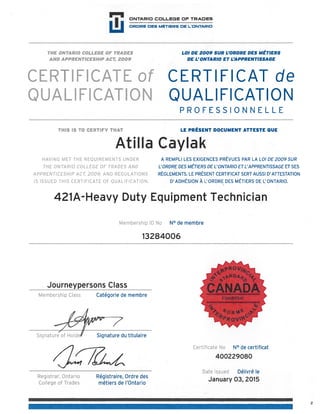 OCOT-421 A-Certificate-Heavy Duty Equipment Technician