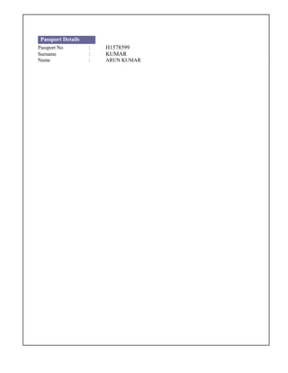 Passport Details
Passport No : H1578599
Surname : KUMAR
Name : ARUN KUMAR
 