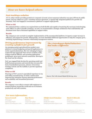 © 2015 PricewaterhouseCoopers LLP, a Delaware limited liability partnership. All rights reserved. PwC refers to the United States member fi rm, and may sometimes refer to the PwC network. Each
member fi rm is a separate legal entity. Please see www.pwc.com/structure for further details. This content is for general information purposes only, and should not be used as a substitute for
consultation with professional advisors. PwC United States helps organisations and individuals create the value they’re looking for. We’re a member of the PwC network of fi rms in 157 countries with
more than 195,000 people who are committed to delivering quality in assurance, tax and advisory services. Find out more and tell us what matters to you by visiting us at www.pwc.com/US
Solicitation
Fast-tracking a solution
A U.S. online retailer providing products to corporate accounts across numerous industries was spun off from its public
parent, and was subject to a year+ transition services agreement. A speedy fully integrated platform for growth was
necessary. PwC was engaged to recommend a platform to support rapid growth.
What we did
We understood that a solution was required that was both flexible and capable of mastering the necessary stock-keeping
units (SKUs) in order to handle variations. As such, we recommended a strategic architecture that could identify and
document more than a thousand capabilities to support orders.
Results
The company is now on track to complete implementation of the recommended platform. It expects a major increase in
efficiency and support for growth. Subsequently, our team identified additional opportunities to help the company grow,
including implementing a customer relationship management solution.
Driving performance improvement by
creating a platform for growth
An emerging market agricultural firm needed a new
platform to extend budgeting and payroll applications to
newly acquired plantations. But was enlarging its legacy
system the best approach? New servers would be costly,
scaling would be difficult, and accessing applications
problematic, given poor network connections. Moving to
the cloud was the solution.
PwC was engaged help develop the operating model and
build business processes and controls that overcame the
lack of standardized processes, absence of inventory
tracking controls and the inability to provide regulatory
compliance.
What we did
Drawing on PwC’s access to specialized experience in tea
and rubber manufacturing, we built a solution that
improved the enterprise resource planning performance
and availability and streamlined processes.
Results
The company is now able to connect with employees at
remote locations around the world and run its business
productively and with certainty.
The 5 interdepent digital behaviors
that make a difference
Source: PwC, 6th Annual Digital IQ Survey, 2014
For more information:
Tyson Cornell
Principal
(312) 933-8976
tyson.cornell@pwc.com
Dan Moses
Director
(734) 730-3832
dan.moses@pwc.com
Abhijit (Jeet) Patankar
Director
(678) 907-9669
abhijit.patankar@pwc.com
Mark D Albrecht
Director
(206) 398-3593
mark.d.albrecht@pwc.com
CEO actively
champions
digital
Strong
CIO-CMO
relationship
View digital as
an enterprise
capability
Significant New
IT Platform
investments
Outside-in approach
to digital innovation
Digital
IQ
How we have helped others
 