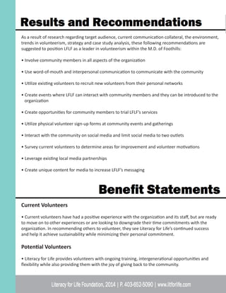 As a result of research regarding target audience, current communication collateral, the environment,
trends in volunteerism, strategy and case study analysis, these following recommendations are
suggested to position LFLF as a leader in volunteerism within the M.D. of Foothills:
• Involve community members in all aspects of the organization
• Use word-of-mouth and interpersonal communication to communicate with the community
• Utilize existing volunteers to recruit new volunteers from their personal networks
• Create events where LFLF can interact with community members and they can be introduced to the 	
organization
• Create opportunities for community members to trial LFLF’s services
• Utilize physical volunteer sign-up forms at community events and gatherings
• Interact with the community on social media and limit social media to two outlets
• Survey current volunteers to determine areas for improvement and volunteer motivations
• Leverage existing local media partnerships
• Create unique content for media to increase LFLF’s messaging
Current Volunteers
• Current volunteers have had a positive experience with the organization and its staff, but are ready
to move on to other experiences or are looking to downgrade their time commitments with the
organization. In recommending others to volunteer, they see Literacy for Life’s continued success
and help it achieve sustainability while minimizing their personal commitment.
Potential Volunteers
• Literacy for Life provides volunteers with ongoing training, intergenerational opportunities and
flexibility while also providing them with the joy of giving back to the community.
 