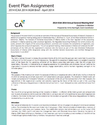 Event Plan Assignment
2014 ICAA 2014 AGM Brief - April 2014
 