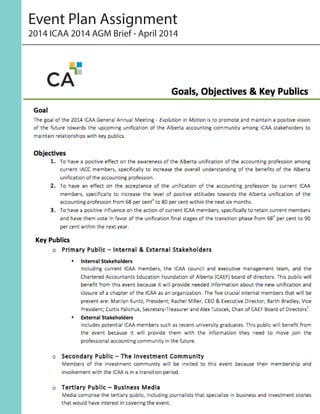 Event Plan Assignment
2014 ICAA 2014 AGM Brief - April 2014
 