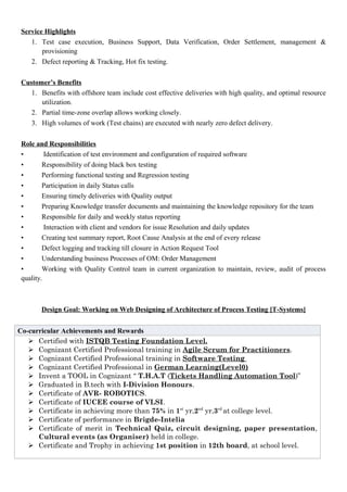 Service Highlights
1. Test case execution, Business Support, Data Verification, Order Settlement, management &
provisioning
2. Defect reporting & Tracking, Hot fix testing.
Customer’s Benefits
1. Benefits with offshore team include cost effective deliveries with high quality, and optimal resource
utilization.
2. Partial time-zone overlap allows working closely.
3. High volumes of work (Test chains) are executed with nearly zero defect delivery.
Role and Responsibilities
• Identification of test environment and configuration of required software
• Responsibility of doing black box testing
• Performing functional testing and Regression testing
• Participation in daily Status calls
• Ensuring timely deliveries with Quality output
• Preparing Knowledge transfer documents and maintaining the knowledge repository for the team
• Responsible for daily and weekly status reporting
• Interaction with client and vendors for issue Resolution and daily updates
• Creating test summary report, Root Cause Analysis at the end of every release
• Defect logging and tracking till closure in Action Request Tool
• Understanding business Processes of OM: Order Management
• Working with Quality Control team in current organization to maintain, review, audit of process
quality.
Design Goal: Working on Web Designing of Architecture of Process Testing [T-Systems]
Co-curricular Achievements and Rewards
 Certified with ISTQB Testing Foundation Level.
 Cognizant Certified Professional training in Agile Scrum for Practitioners.
 Cognizant Certified Professional training in Software Testing
 Cognizant Certified Professional in German Learning(Level0)
 Invent a TOOL in Cognizant “ T.H.A.T (Tickets Handling Automation Tool)”
 Graduated in B.tech with I-Division Honours.
 Certificate of AVR- ROBOTICS.
 Certificate of IUCEE course of VLSI.
 Certificate in achieving more than 75% in 1st
yr,2nd
yr,3rd
at college level.
 Certificate of performance in Brigde-Intelia
 Certificate of merit in Technical Quiz, circuit designing, paper presentation,
Cultural events (as Organiser) held in college.
 Certificate and Trophy in achieving 1st position in 12th board, at school level.
 
