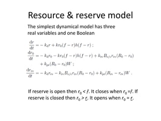 Resource & reserve model
The simplest dynamical model has three
real variables and one Boolean
If reserve is open then r0 < ṝ. It closes when r0 =ṝ. If
reserve is closed then r0 > r. It opens when r0 = r.
 