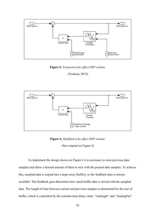 18
Figure 5. Proposed echo effect DSP scheme
(Toulson, 2012)
Figure 6. Modified echo effect DSP scheme
(See original on Figure 5)
To implement the design shown on Figure 6 it is necessary to store previous data
samples and allow a desired amount of them to mix with the present data samples. To achieve
this, sampled data is copied into a large array (buffer), so the feedback data is always
available. The feedback gain determines how much buffer data is mixed with the sampled
data. The length of time between current and previous samples is determined by the size of
buffer, which is controlled by the constant time delay value. “AnalogIn” and “AnalogOut”
 