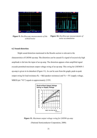 31
Figure 9. Oscilloscope measurements of the
echoed noise
Figure 10. Oscilloscope measurements of
noise accumulation
6.2 Sound distortion
Slight sound distortion mentioned in the Results section is relevant to the
characteristics of LM386 op-amp. The distortion can be caused if a signal of excessively high
amplitude is fed into the input of an op-amp. The distortion appears when amplified signal
exceeds permitted maximum output voltage swing of an op-amp. This swing for LM386N-1
op-amp is given in its datasheet (Figure 11). As can be seen from the graph, peak-to-peak
output swing for load resistance RL = 8Ω (speaker resistance) and Vs = 5V (supply voltage,
MBED pin “VU”) equals to approximately 2.55V.
Figure 11. Maximum output voltage swing for LM386 op-amp
National Semiconductor Corporation, 2000)
 
