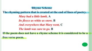 Rhyme Scheme
The rhyming pattern that is created at the end of lines of poetry.
Mary had a little lamb, A
Its fleece as white as snow. B
And everywhere that Mary went, C
The lamb was sure to go. B
If the poem does not have a rhyme scheme it is considered to be a
free verse poem.
 
