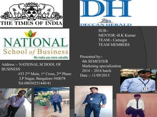 SUB:-
MENTOR:-B.K Kumar
TEAM:- Carnegie
TEAM MEMBERS
Presented by:-
4th SEMESTER
Marketing specialization
2014 – 2016 batch
Date :- 11/09/2015
Address :- NATIONAL SCHOOL OF
BUSINESS
#33 2nd Main, 1st Cross, 2nd Phase
J.P Nagar, Bangalore-560078
Tel-08030251440/41
 