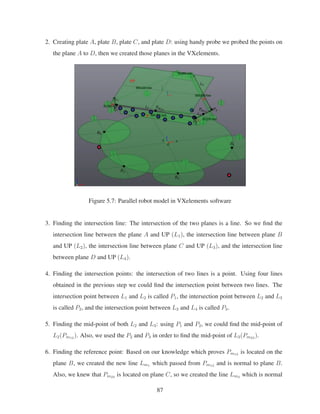 2. Creating plate A, plate B, plate C, and plate D: using handy probe we probed the points on
the plane A to D, then we created those planes in the VXelements.
Figure 5.7: Parallel robot model in VXelements software
3. Finding the intersection line: The intersection of the two planes is a line. So we ﬁnd the
intersection line between the plane A and UP (L1), the intersection line between plane B
and UP (L2), the intersection line between plane C and UP (L3), and the intersection line
between plane D and UP (L4).
4. Finding the intersection points: the intersection of two lines is a point. Using four lines
obtained in the previous step we could ﬁnd the intersection point between two lines. The
intersection point between L1 and L2 is called P1, the intersection point between L2 and L3
is called P2, and the intersection point between L3 and L4 is called P3.
5. Finding the mid-point of both L2 and L3: using P1 and P2, we could ﬁnd the mid-point of
L2(Pm12 ). Also, we used the P2 and P3 in order to ﬁnd the mid-point of L3(Pm23 ).
6. Finding the reference point: Based on our knowledge which proves Pm12 is located on the
plane B, we created the new line Lm1 which passed from Pm12 and is normal to plane B.
Also, we knew that Pm23 is located on plane C, so we created the line Lm2 which is normal
87
 