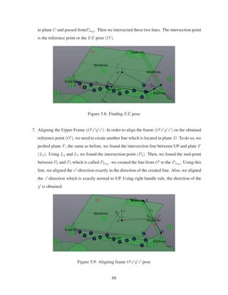 to plane C and passed fromPm23 . Then we intersected these two lines. The intersection point
is the reference point or the EE pose (O ).
Figure 5.8: Finding EE pose
7. Aligning the Upper Frame (O x y z ): In order to align the frame (O x y z ) on the obtained
reference point (O ), we need to create another line which is located in plane D. To do so, we
probed plane F, the same as before, we found the intersection line between UP and plate F
(L5). Using L4 and L5 we found the intersection point (P4). Then, we found the mid-point
between P3 and P4 which is called Pm34 . we created the line from O to the Pm34 . Using this
line, we aligned the x -direction exactly in the direction of the created line. Also, we aligned
the z -direction which is exactly normal to UP. Using right handle rule, the direction of the
y is obtained.
Figure 5.9: Aligning frame O x y z pose
88
 