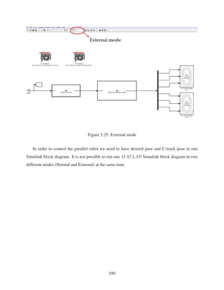 Figure 5.25: External mode
In order to control the parallel robot we need to have desired pose and C-track pose in one
Simulink block diagram. It is not possible to run one MATLAB Simulink block diagram in two
different modes (Normal and External) at the same time.
100
 