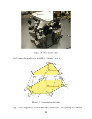 Figure 2.4: 6-RSS parallel robot
Fig.2.4 shows the parallel robot, available in Concordia University.
Figure 2.5: Geometrical parallel robot
Fig.2.5 shows the geometric structure of the 6-RSS parallel robot. The singularity and workspace
21
 